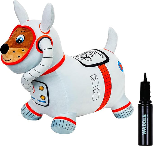 WADDLE Bouncy Hopper Inflatable Animal Hopping Plush, Indoor and Outdoor Toy for Toddlers and Kids, Pump Included, Boys and Girls Ages 2 Years and Up (Space Dog)