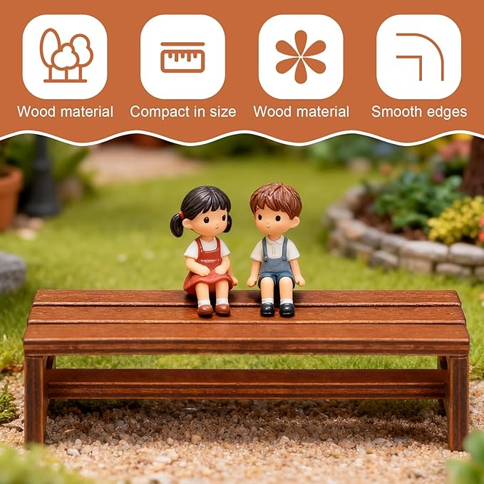 SEWACC 2pcs Miniature Doll House Bench Wooden Mini Furniture Set Brown Miniature Park Bench for Dollhouse Decoration