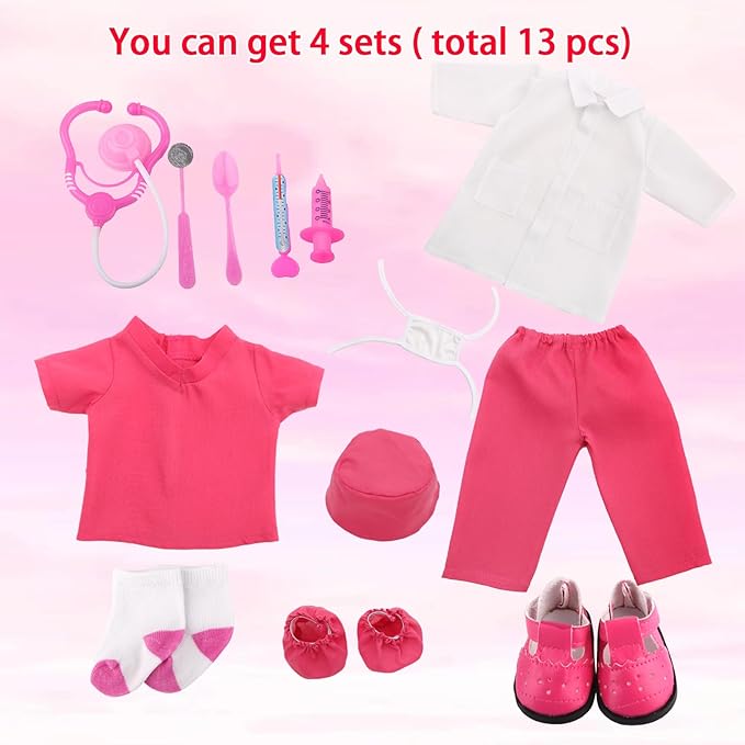 MSYO 18 Inch Doll Doctor Playset-Pretend Play Medical Kit with White Coat,Scrubs & Surgical Tools,Stem Roleplay Costume for Kids Ages 3-12,Fits Most 18 Inch Girl & Boy Dolls(Rosy)
