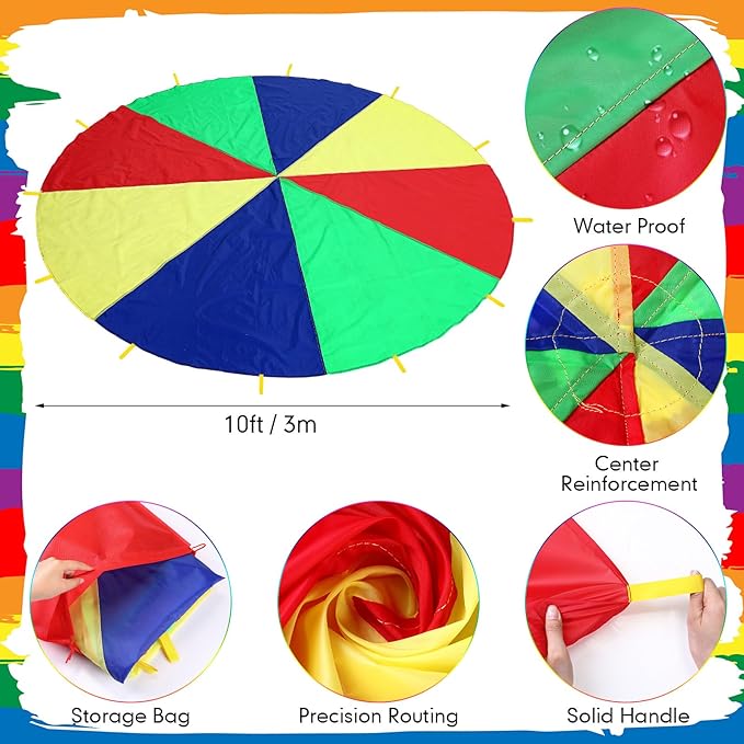 43 Pcs 3 in 1 Carnival Outdoor Games Combo Set Include 6 Plastic Cones, 12 Rings, 12 Bean Bags, 12 Plastic Balls, 10 Feet Play Parachute for Holiday Carnival Party Play Game Decor Supplies