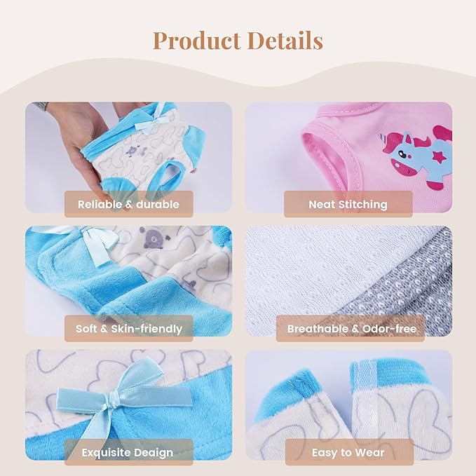 BABESIDE 6 Sets of Baby Doll Clothes for 12-15 Inch Babydolls, 14 Pcs Dolls Clothes and Baby Doll Accessories with Hats, Pants, Headband and Socks, Pretend Play Toys for Kids 3+