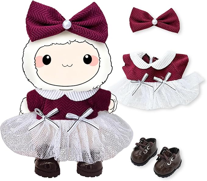 Handmade 17cm Doll Clothes - Cute Styles 15cm/17cm Dolls Outfits, Burgundy Bow - Burgundy Dress - Brown Shoes for Dress Up Gift（Including Shoes） (Wine red Set)