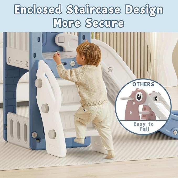 XJD 5 in 1 Toddler Slide, Kids Slide for Toddlers Age 1-3, Outdoor Indoor Playset for Toddlers with Basketball Hoop and Ball, Storage Space Birthday Gifts for Toddler (Blue)
