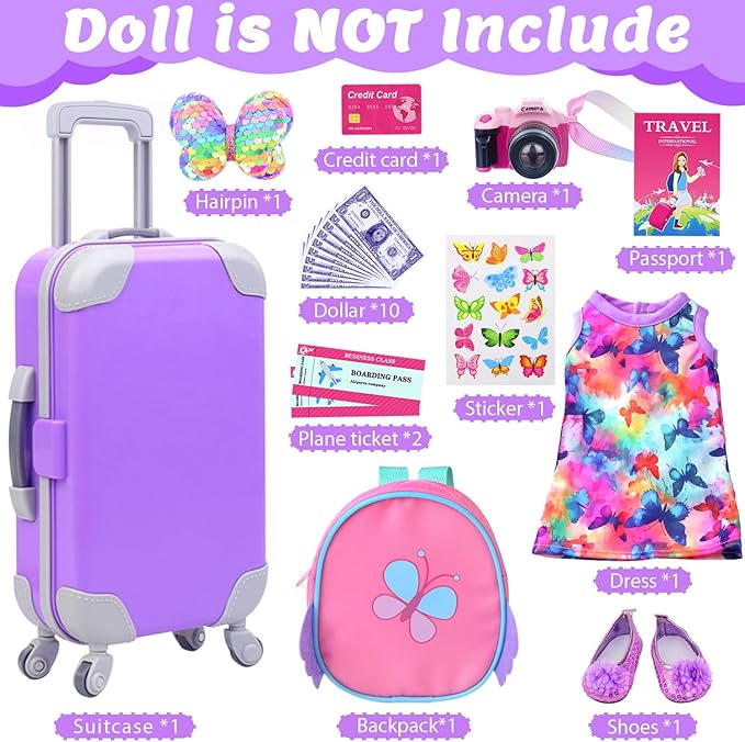 American Doll Clothes and Accessories 18 Inch Playset with Suitcase, Dresses, Shoes, Backpack and Other DIY Butterfly Stuff for Girl Gift Present for Children (NOT Include Doll)