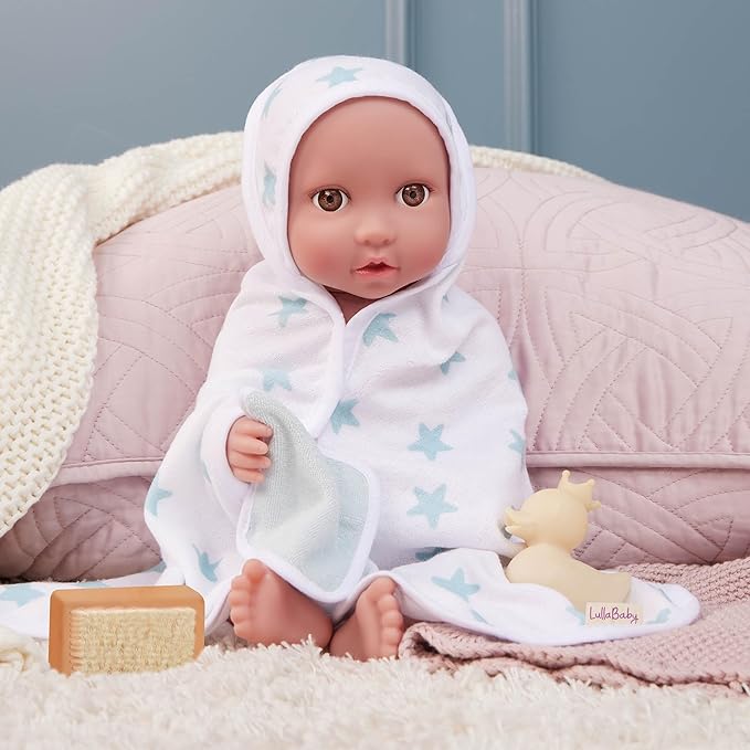LullaBaby – 14" Baby Doll Accessories – Hooded Bath Towel in Blue Star Pattern – Bath Toys & Pink Ducky – Imaginative Play – Toys for Kids Ages 2 & Up – Baby Doll Bathtime Outfit