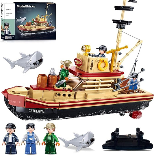 Sluban City Building Set with Shark Toys, Fishing Boat Building Toys with 3 Fisherman Minifigures, Suitable for Adult and Kids, Compatible with Lego, 592 PCS