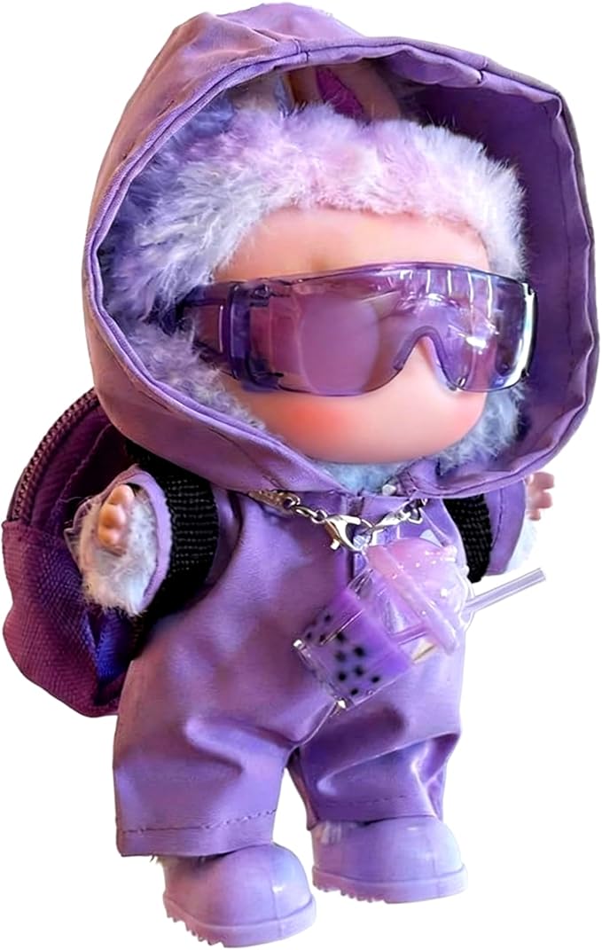 Doll Clothes for LABUBU – Purple Windbreaker 4-Piece Outfit Set | Adorable 17cm Doll Clothes with Hooded Jacket, Glasses, Bag & Shoes | Complete Fashion Accessory Set (Doll Not Included)