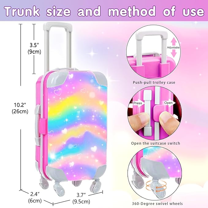 18 Inch Girl Doll Makeup Accessories Set and Clothes, Fit 18 inch Dolls, Suitcase Clothes Bag Hairband Eyeshadow Mascara Brush Lipstick Bracelet Sunglasses Hair Clips (Dolls and Shoes Not Included)