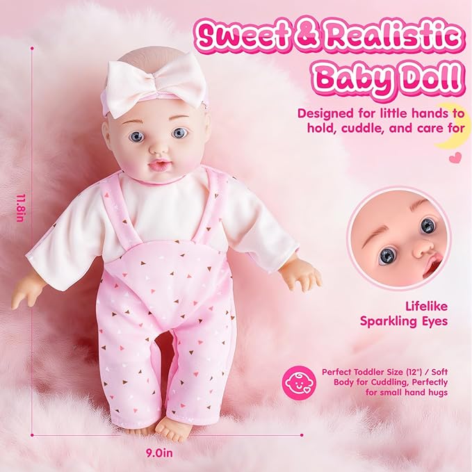 AuntyFey 12" Baby Doll Set, Baby Doll Bassinet with Accessory for Girl Toddlers 1-3 with Bottle, Teddy Bear, Pillow, Blanket