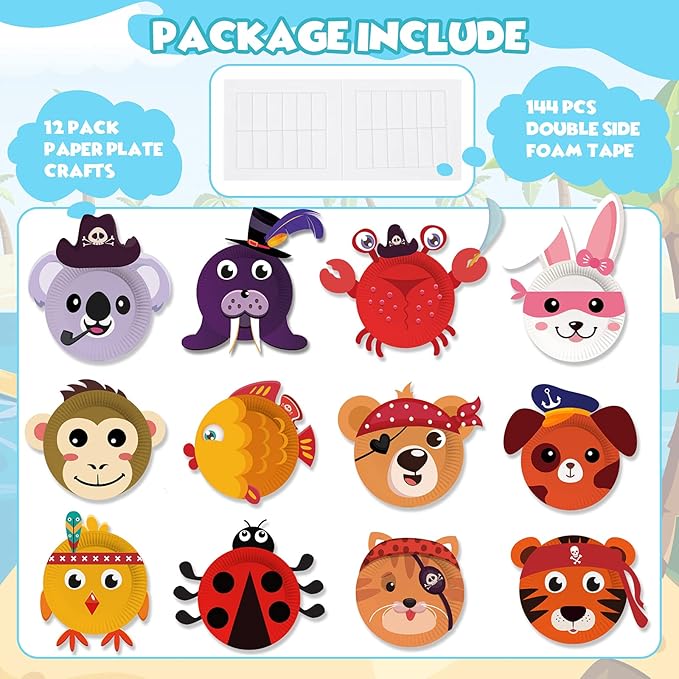 V-Opitos Arts and Crafts Kits for Kids, 12 Pack Paper Plate Crafts, Simple Animal Crafts for Toddler Age of 3, 4, 5 Years Old, Fun Preschool Classroom Activity Project for Boy & Girl