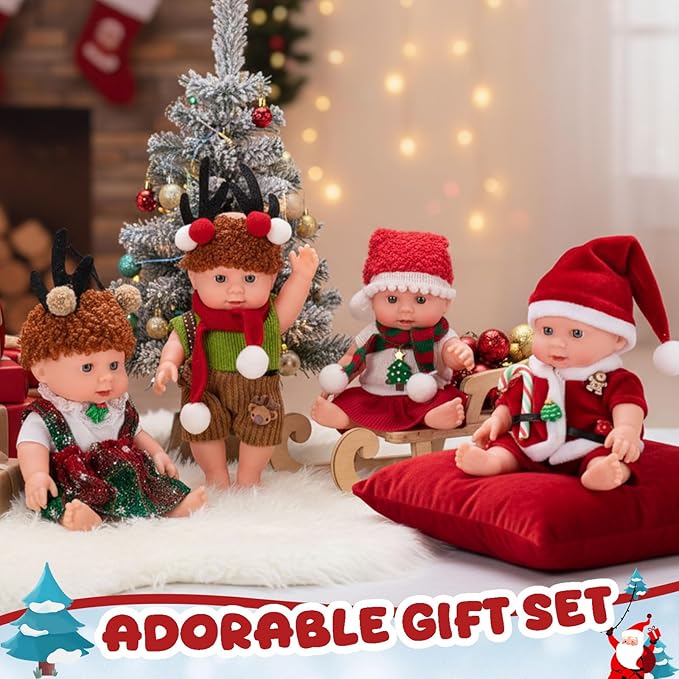 Halloscume 7 Inch Mini Baby Mini Reborn Doll Vinyl Full Body Lifelike Dolls Baby with Weighted Cloth Reborn Gift Set for Kids, Gifts for Christmas Kids(4 Pcs,Christmas)