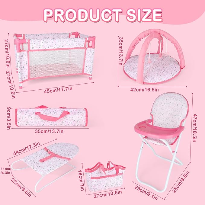 deAO Baby Doll Accessories12-14 Doll Playset with High Chair Crib Bed Play Mat Storage Bag Handbag - 6 in 1 Pink Dolls Playset with Furniture Gifts for Girls
