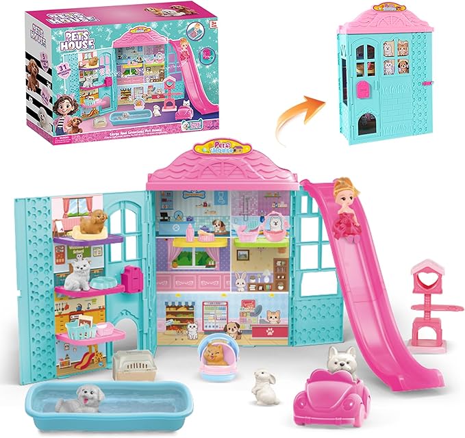 Doll Pets House, Doll Playset with Cats, Furniture, Pet Bowl, Cat Litter Box, Pool Accessories, DIY Pretend Toys for 3 4 5 6 7 8 9 10 Year Old Kids