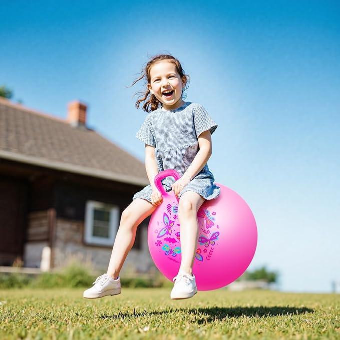 EVERICH TOY Hopper Ball, Pink Butterfly Hopping Toys for Kids, 18 Inch Bouncy Ball with Handle, Indoor Outdoor Inflatable Hoppity Hop Toy for Girls Boys Gift with Free Pump