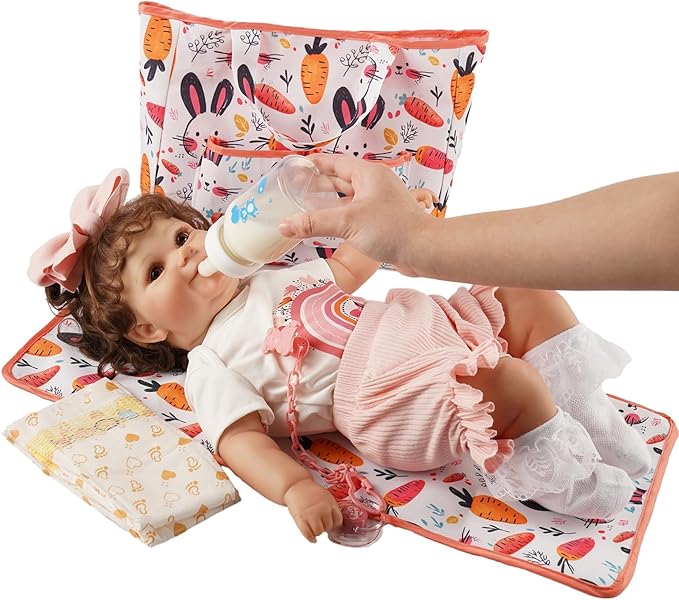 BABESIDE 7 Pcs Reborn Doll Accessories Set for 17-22 Inch Dolls, Feeding and Care Set, Including Diaper Bag, Great for Children's Pretend Play (Dolls not Included)