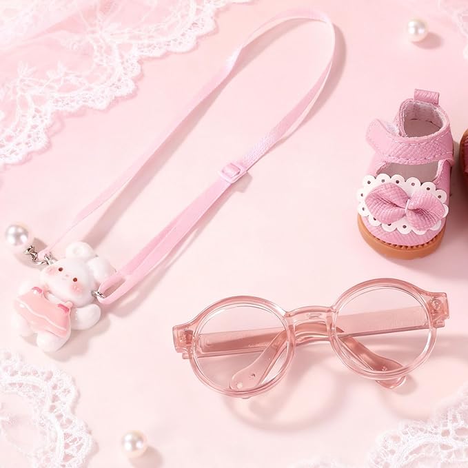 Doll Outfits Set, Includes Glasses & Pink Princess Shoes & Bunny Lanyard Stylish Doll Clothing Accessories and Gifts
