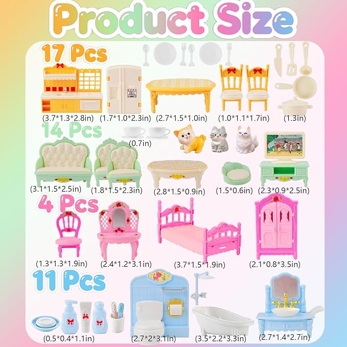 46Pcs Dollhouse Furniture Accessories Set Mini House Furniture Small Dollhouse Miniature Furniture Pretend Play House 1:12 Kitchen Bedroom Livingroom Bathroom Tiny Toy Boy Girl Kid Toddler (C Set)