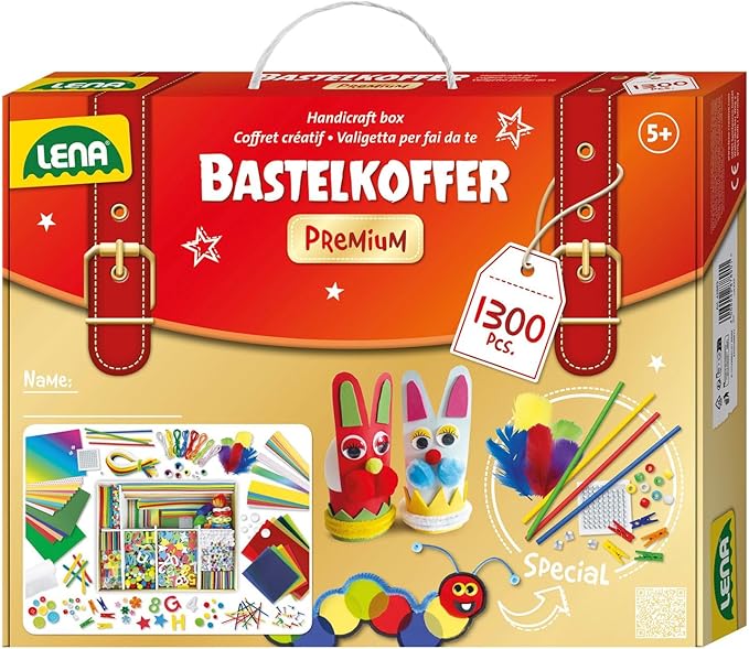 Lena 42663 Premium XXL Craft Case with 1300 Pieces, Material for Crafts, with Foam Rubber, Coloured Paper, Beads, Flowers, Pompom, Ribbons, Buttons, Googly Eyes and Much More, for Children from 5