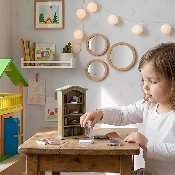36 Pcs 1:12 Scale Miniatures Dollhouse Books and 1 Wooden Bookcase,4 Floors Furniture Display Bookshelf Cabinet Mini Assorted Books,Dollhouse Decoration Accessories for Home Bedroom