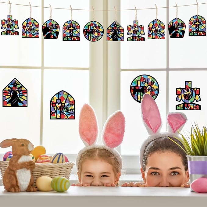 24 Set Easter Suncatchers Crafts DIY Christian Paper Cross Kit He is Risen Craft Jesus Religious DIY Hanging Decor Window Art Activity Gifts for Sunday School VBS Church Decoration