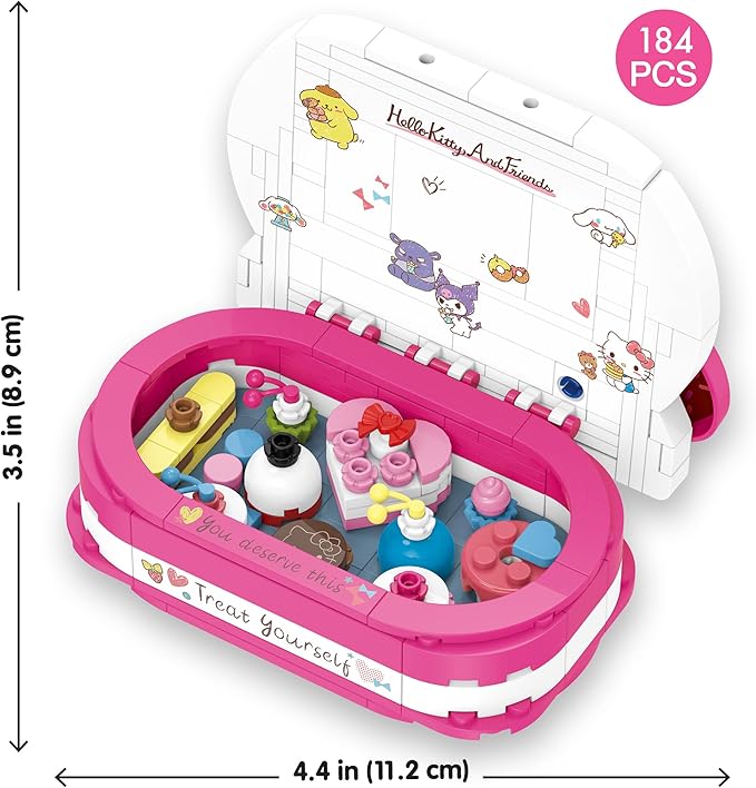 Brickcraft Hello Kitty Dessert Box Building Kit (184-Piece Set), Sanrio Buildable Sweets Set with Chocolate Bow Lid, Decorative Stickers, Gift for Fans Ages 12+