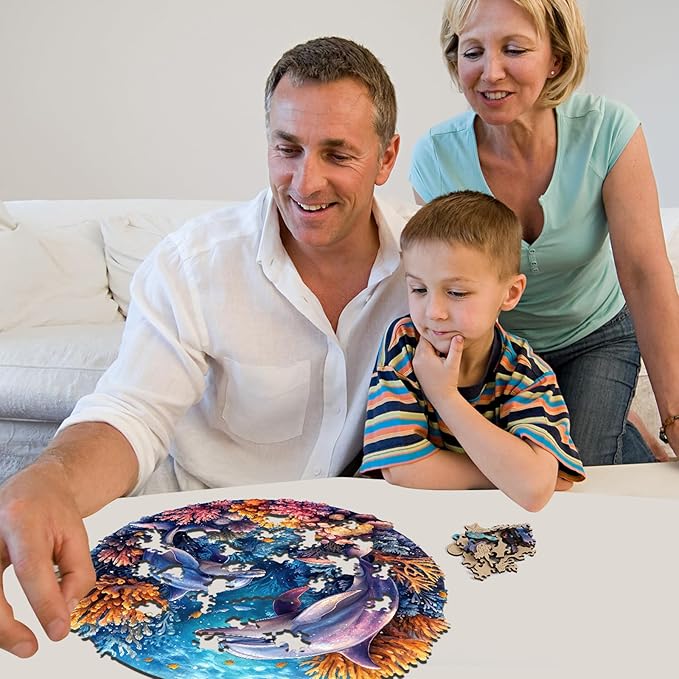 Qiuenisray Wooden Puzzles for Adults, Dolphins Jigsaw Puzzles 200 Pieces, FSC Certified Unique Shape Ocean Adult Puzzles, Irregular Wood Creative Gift for Family Game 11.2 x 11.2 in