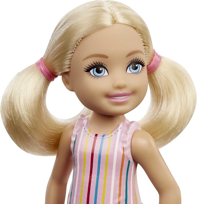 Barbie Chelsea Doll, Small Doll with Blonde Pigtails & Blue Eyes in Removable Striped Dress & Pink Boots