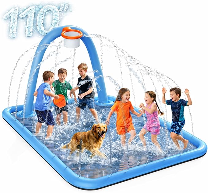 Splash Pad for Kids & Dogs, 102x87'' Large Sprinkler Pad Water Toys with Basketball Hoop, Thickened Non-Slip Splash Mat, Foldable Play Pool & Outdoor Summer Toys Ages 4-12 (110" Splash Pad)