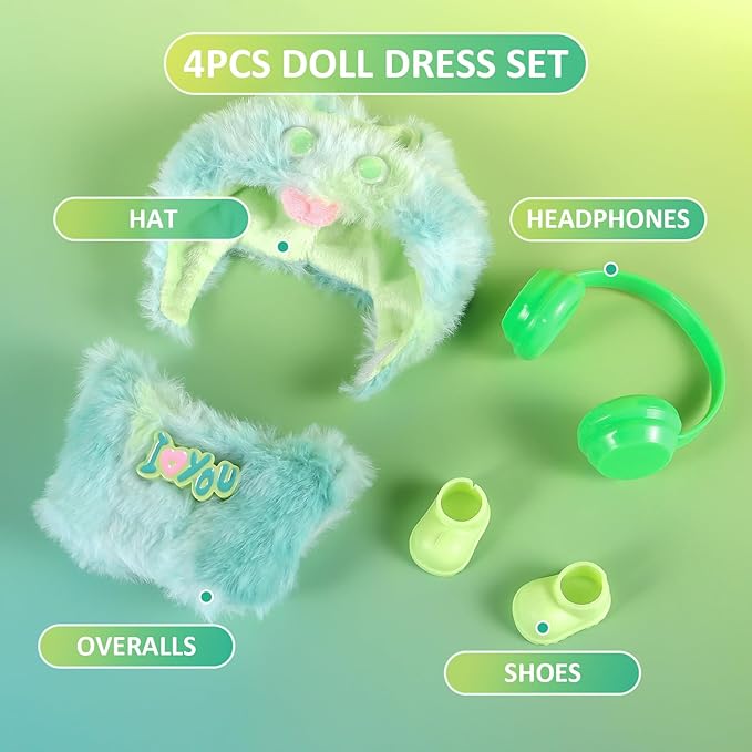 17cm Doll Clothes Set for Labubu Dress Up,Cute Outfit ,4 Piece Hat Overalls Headphones Shoes Dolls Clothing Accessories(NO Doll) (Green)