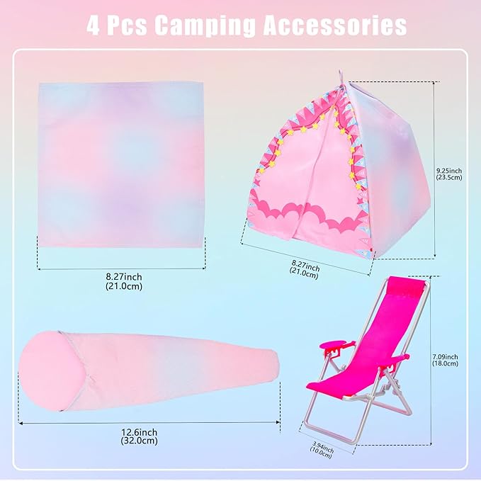 34 Pcs Doll Travel Camping Tent Playset for 11.5 Inch Girl Dolls Includes Clothes, Tent, Telescope, Backpack, Sleeping Bag & Other Camping Accessories for Dolls Travel Camping Toy Set（NO Doll）