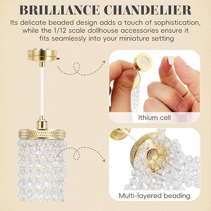 TOYANDONA Dollhouse Chandelier - 1/12 Scale Hanging Beaded Chandelier Doll House Ceiling Lights Lamp Miniature Dollhouse Lights Led Battery Operated for Doll House Decoration Accessories