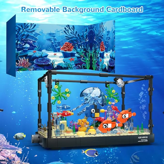 HOGOKIDS Fish Tank Building Set with LED Light - Movable Aquarium Building Toys for Adults Kids | 725PCS Creative Aquarium Toy with Jellyfish, Fish Animal Educational Gift for Boys Girls Age 8-14