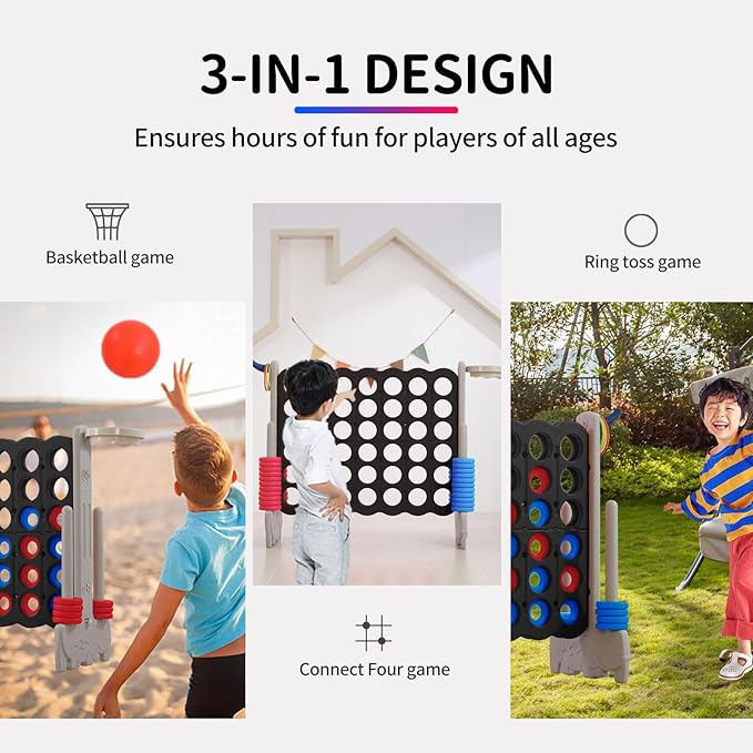 UNICOO Giant 4-in-a-Row Game with Carry Bag, 3-in-1 Jumbo 4-to-Score Outdoor Yard Game with Basketball Hoop, Ring Toss, Quick-Release Slider, 42 Rings, Family Party Game for Kids & Adults
