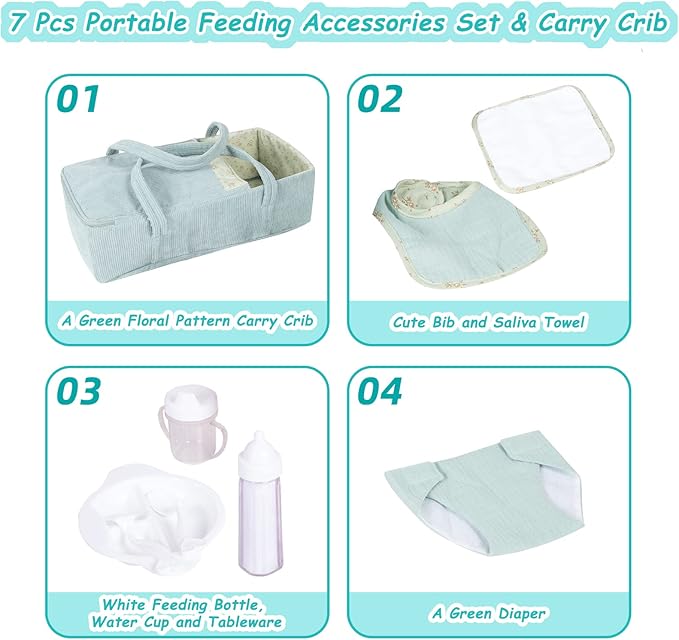 Rakki Dolli Doll Carrier Doll Carry Cot Carry Crib Set with Feeding Utensils Feeding & Changing Accessaries 7 Pieces Set, Fits for 16-18 Inch American Girl Dolls