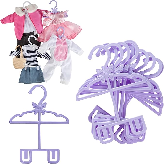 Dress Along Dolly Doll Full-Outfit Clothes Hangers for 18" Dolls - 12pk - Compatible w American Girl- Unique Design Holds Your Top & Bottom at Once Including Dresses, Pants, Shirts, Skirts- Purple