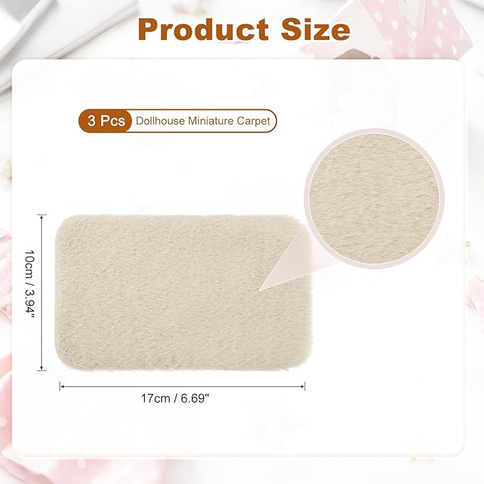 uxcell 3Pcs Dollhouse Miniature Carpet, 1:12 Fluffy Doll House Rugs Prop Small House Accessories for Doll House Furniture Decor Play, Khaki Oval