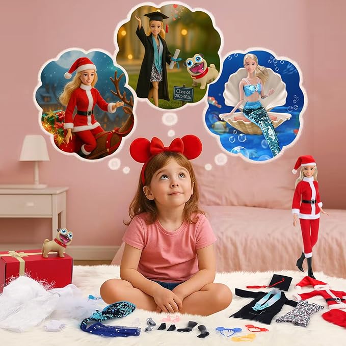 11.5 inch Themed Doll Clothes & Accessories – Educational Role Play Gift Set for Girls with 5 Outfits (Christmas, Wedding, Graduation, Mermaid, Ballet), 1 Puppy, 5 Shoes & 3 Headbands (No Doll)