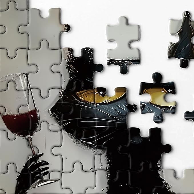 Black Cat Wine Puzzle for Adults 1000 Piece, Vintage Funny Kitten Jigsaw Puzzle Animal, Abstract Art Difficult Challenging Puzzle