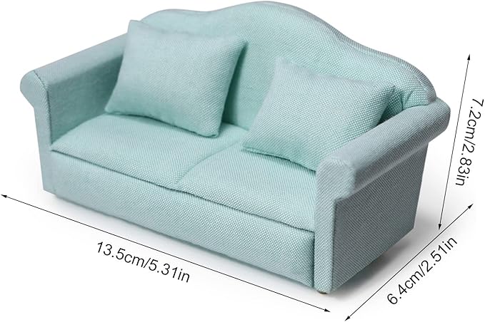 Dollhouse Couch Miniature Sofa with Pillows Dollhouse Living Room Funiture 1:12 Scale Model 3 Pcs High Simulation Upholstered Wooden Fabric Armchair Mini Room Artificial House Scene Decoration (Green)