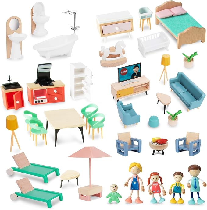 43PCS Wooden Dollhouse Furniture Set 6 Rooms with 5 Family Dolls,Wood and Plastic Dollhouse Accessories, in/Outdoor Scenes Pretend Play Toys Christmas Birthday Gift for Boys Girls & Kids 3Y+