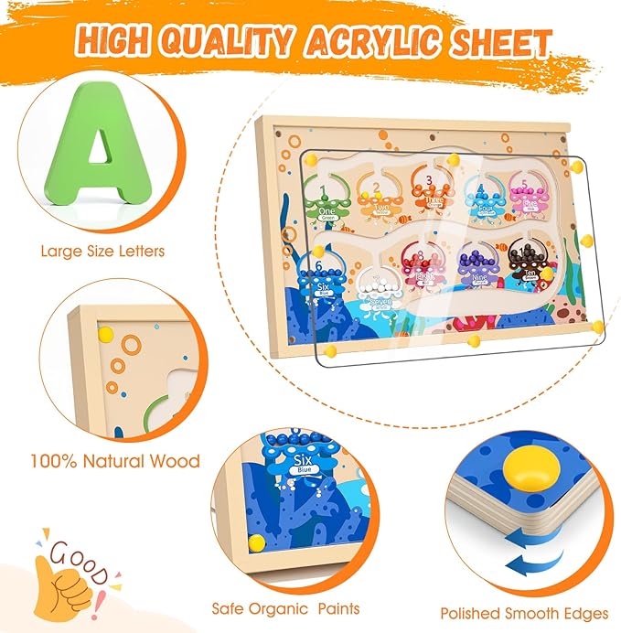 4-in-1 Magnetic Color and Number Maze Toys Box with Alphabet Puzzles Drawing Board, Wooden Storage Montessori Toy for 3-5 Year Old, Toddlers Educational Learning Toy Gifts for Kids Boys Girls