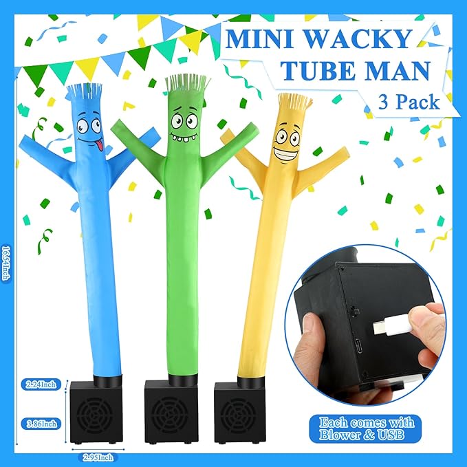 Poen 3 Pcs Mini Inflatable Tube Man White Elephant Gift Funny Gag Birthday Wacky Waving Inflatable Guy with Blower Desktop Mini Dancer Gift for Women Party Decoration(Dull)