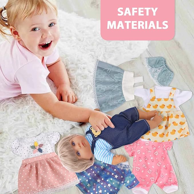 Girl Doll Clothes and Accessories Gift - 8 pcs Alive-Baby Doll Clothes Dress Outfits for 12 Inch Dolls, 6 Complete Sets Clothing of Dresses Cloak Onesies Pajamas …