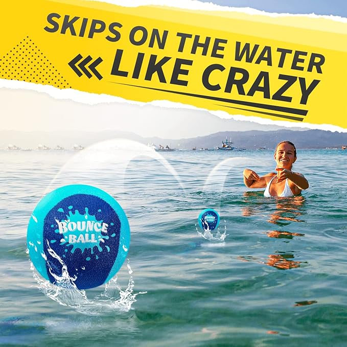 Bambilo Water Skipping Ball | 2-Pack Bounce Balls | Water Bouncing Beach Balls & Grip Ball | Pool Toys for Kids Age 5-8-12 | Great Summer Water Toy for Beach Swimming Pool River Lake