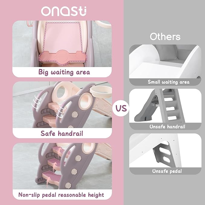 Onasti Kids Slide for Toddlers Age 1-3 Indoor Baby Plastic Slide Outdoor Climber Freestanding Playset with Basketball Hoop & Ring Game Pink