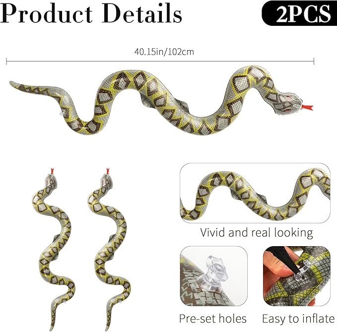 Inflatable Snakes for Pool, 2 Pcs Blow Up Fake Snakes Animals Pool Floats, Large Inflatable Fake Snake for Garden Pools Lawn Plants Party Favors Halloween Decoration, Prank Keep Ducks Out