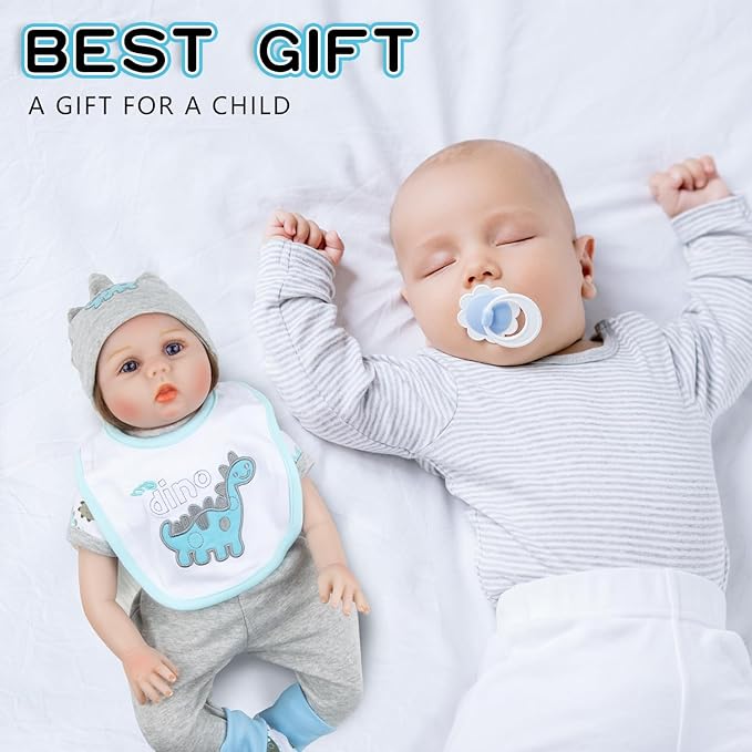 PEDOLLTREE 9 Pcs Set Reborn Baby Doll Clothes Outfit Accessories Blue Dinosaur Set for 17-22 Inch Reborn Doll Newborn Boy with Backpack Diaper