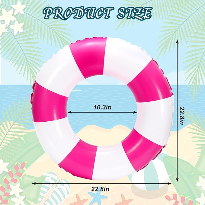 Whaline 4Pcs Inflatable Swimming Float Toy Striped Swim Ring Fun Print Pool Lounger Tube for Summer Swimming Beach Party