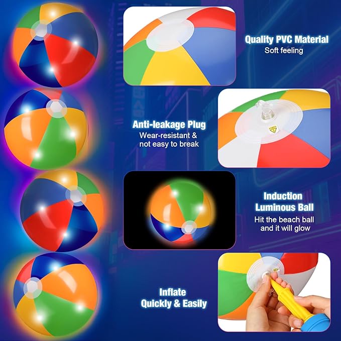 12 Pcs Light up Beach Balls 16'' Jumbo Pool LED Balls Glow in The Dark Neon Giant Inflatable for Summer Hawaiian Tropical Theme Beach Party Decor Water Accessory (Rainbow)