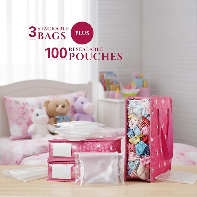Primo Lines Doll Clothes & Accessories Storage Organizer – 3 Pink Stackable Bags with Adjustable Dividers, 100 Resealable Pouches for Doll Outfits, Shoes & Small Accessories, Waterproof & Travel-Ready